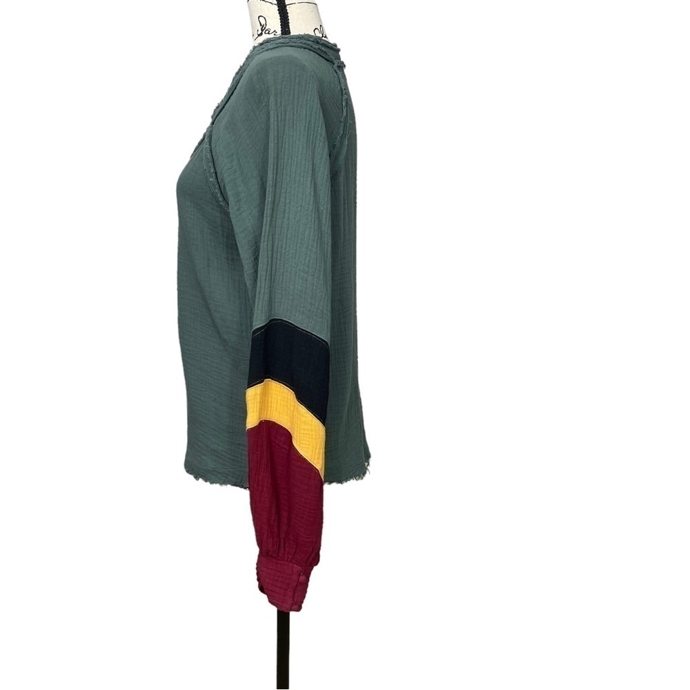 Fate Boutique Boho Blouson Sleeve Color Block Top with Green, Black, Yellow, Red - Picture 7 of 11